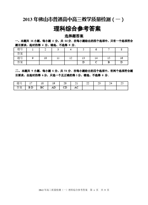 2012～2013学年佛山市普通高中教学质量检测高三物理答案