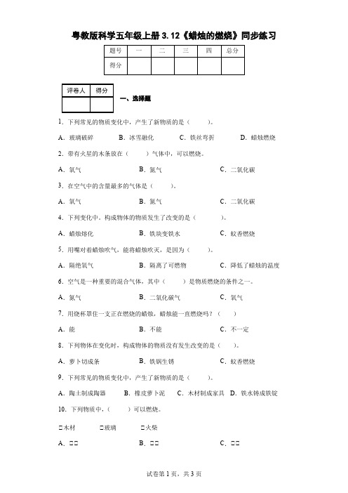 粤教版科学五年级上册3.12《蜡烛的燃烧》同步练习