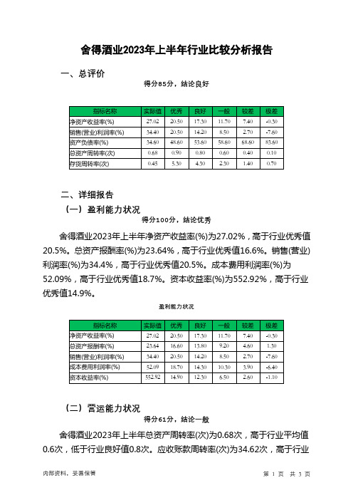 600702舍得酒业2023年上半年行业比较分析报告