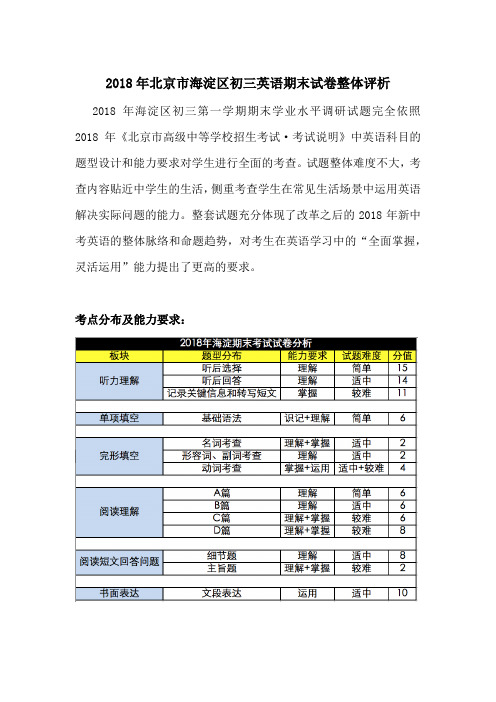 2018年北京市海淀区初三英语期末试卷整体评析