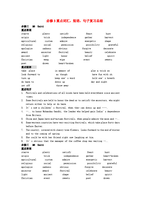 高中英语 重点词汇,短语,句子复习总结学案 新人教版必修3