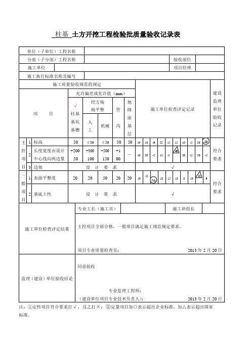 柱基土方开挖工程检验批质量验收记录表