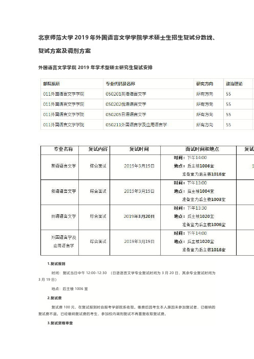 北京师范大学2019年外国语言文学学院学术硕士生招生复试分数线、复试方案及调剂方案