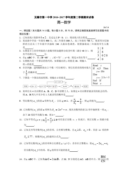 江苏省无锡市第一中学2016~2017学年度高一第二学期数学期末试卷(无答案)