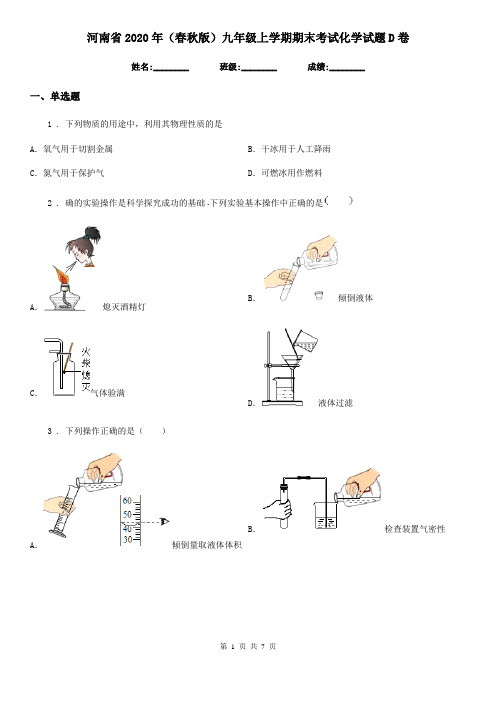 河南省2020年(春秋版)九年级上学期期末考试化学试题D卷