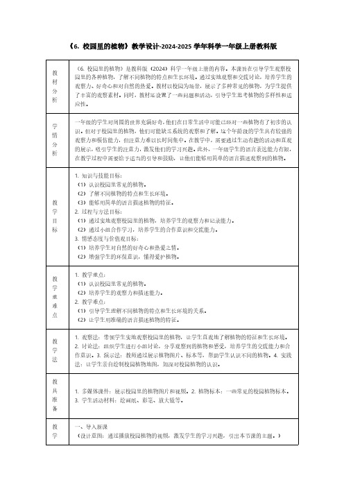 《6. 校园里的植物》教学设计-2024-2025学年科学一年级上册教科版