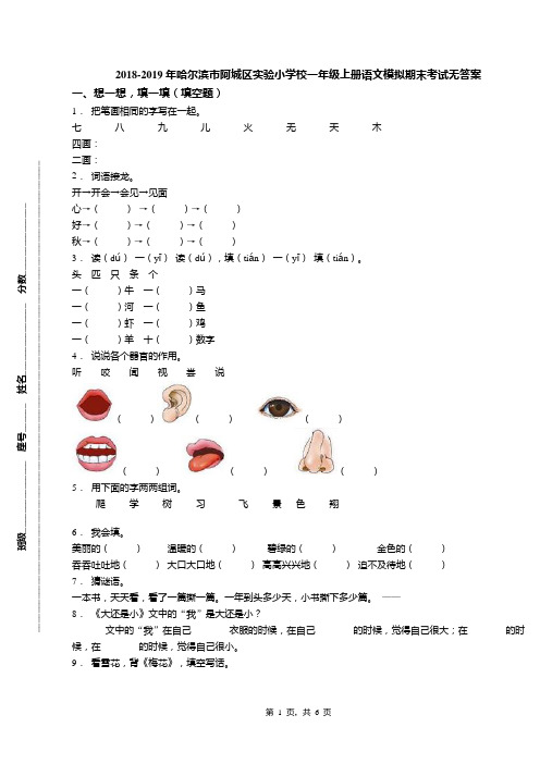 2018-2019年哈尔滨市阿城区实验小学校一年级上册语文模拟期末考试无答案