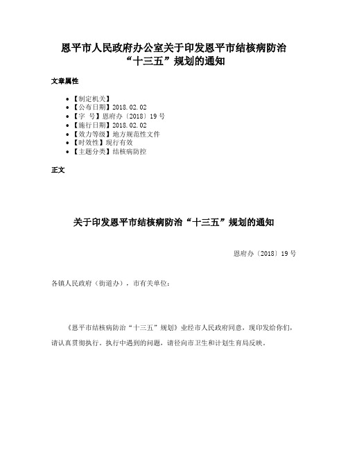 恩平市人民政府办公室关于印发恩平市结核病防治“十三五”规划的通知