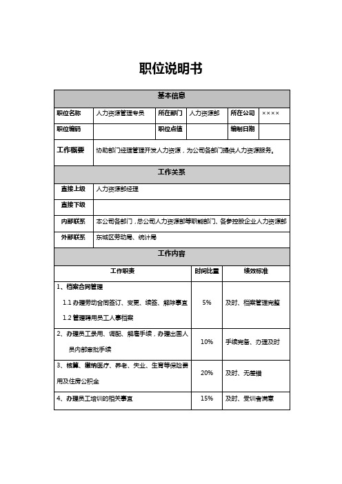 保险行业人力资源管理专员岗位职责说明书