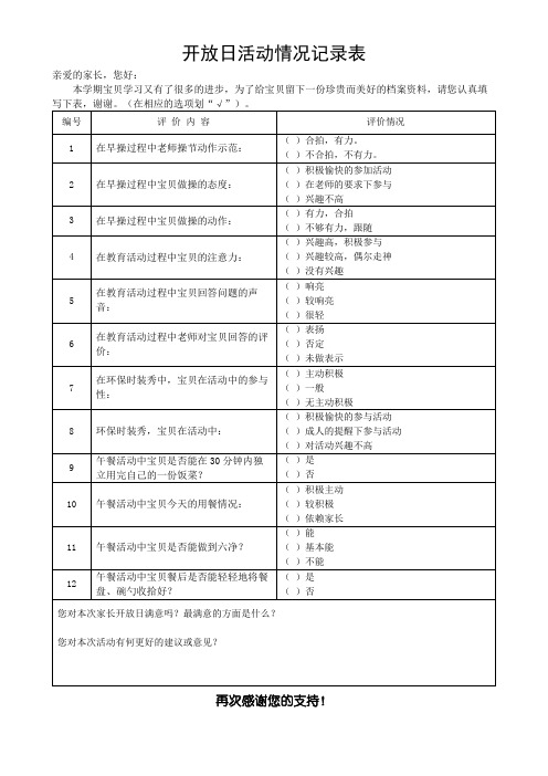 幼儿园开放日活动情况记录表 模板(可修改)