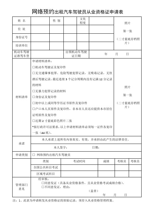 网络预约出租汽车驾驶员从业资格证申请表