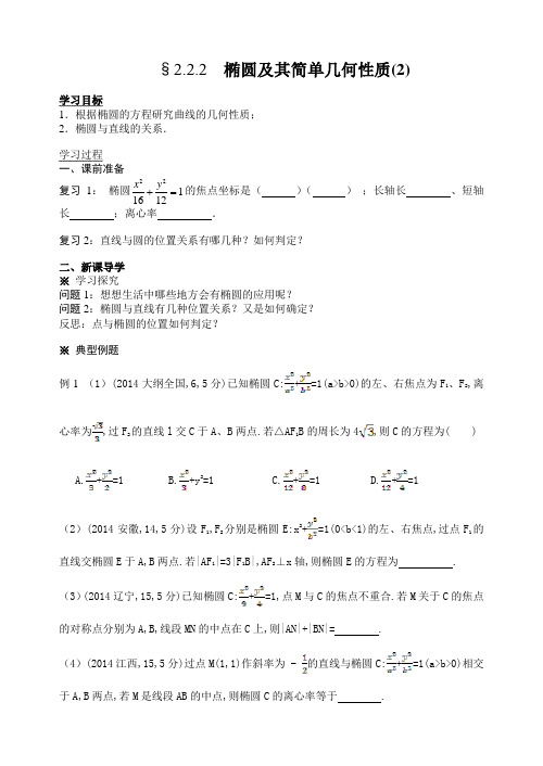 人教A版选修2-1第二章第6课时导学案§2.2.2_椭圆及其简单几何性质(2)