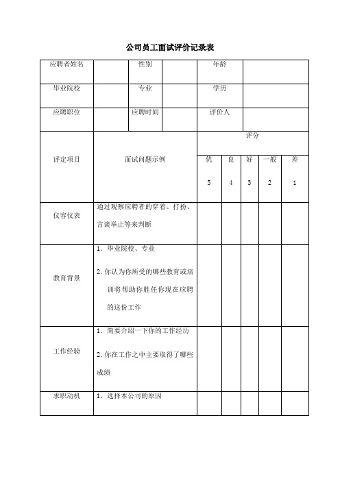 公司员工面试评价记录表