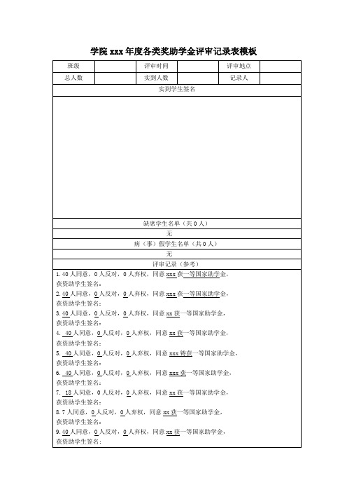 化生学院2020年度各类奖助学金评审记录表(1)模板