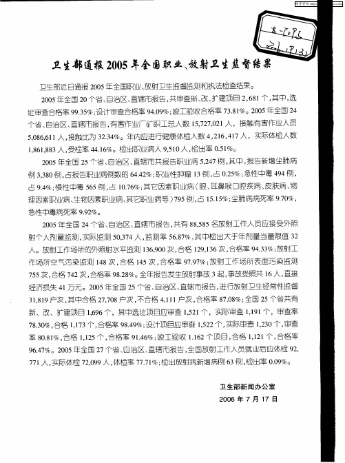 卫生部通报2005年全国职业、放射卫生监督结果