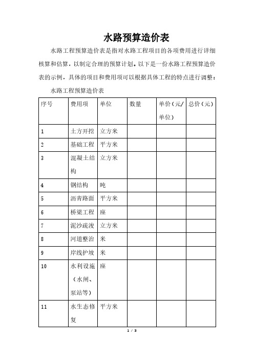 水路预算造价表