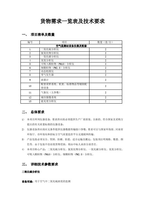 货物需求一览表及技术要求