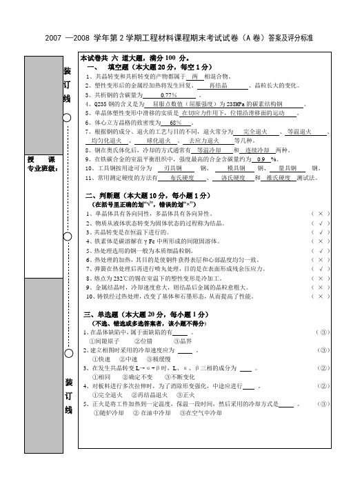 07-08学年工程材料考题(A卷答案)