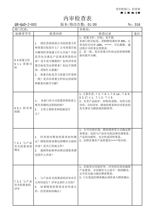 经营部内审检查表及审核内容