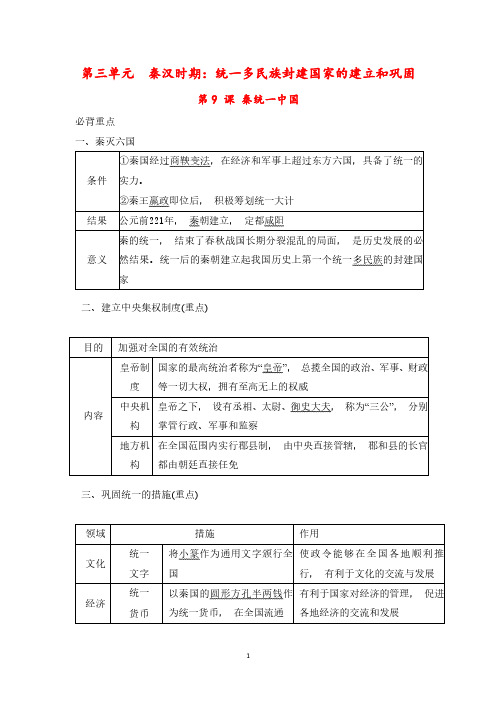 【最新版】人教版七年级上册历史第9课《秦统一中国》重要知识点总结