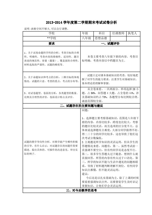 八年级思想品德第期末考试卷分析