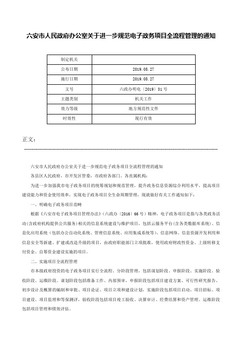 六安市人民政府办公室关于进一步规范电子政务项目全流程管理的通知-六政办明电〔2019〕31号