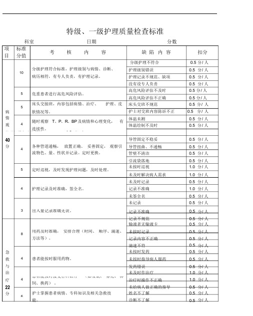 特级、一级护理质量检查参考标准