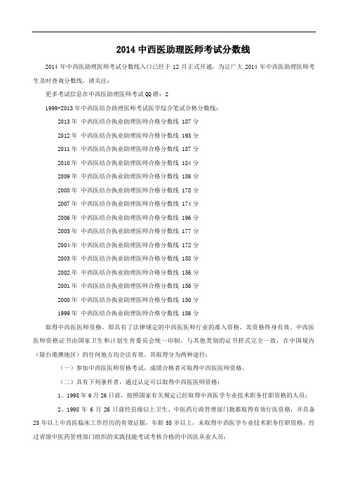 2019中西医助理医师考试分数线