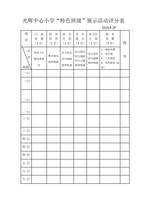 光辉中心小学特色班级展示活动评分表