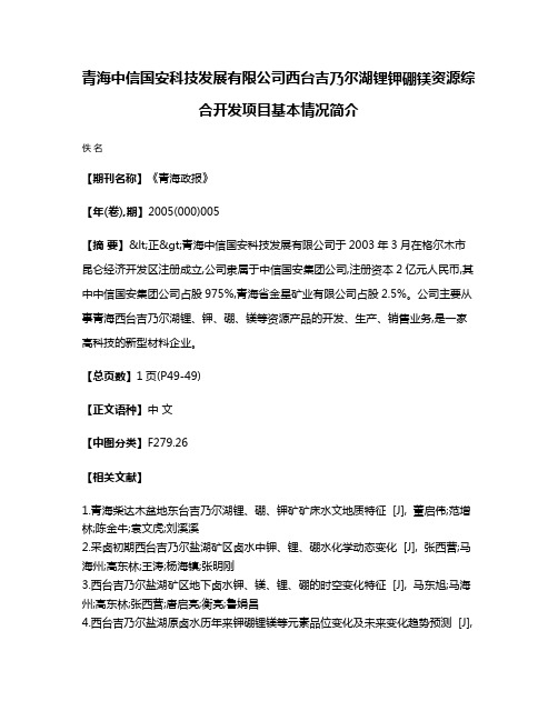 青海中信国安科技发展有限公司西台吉乃尔湖锂钾硼镁资源综合开发项目基本情况简介