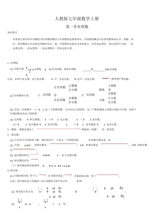 人教版七年级数学上册的复习知识点归纳及典型试题汇总