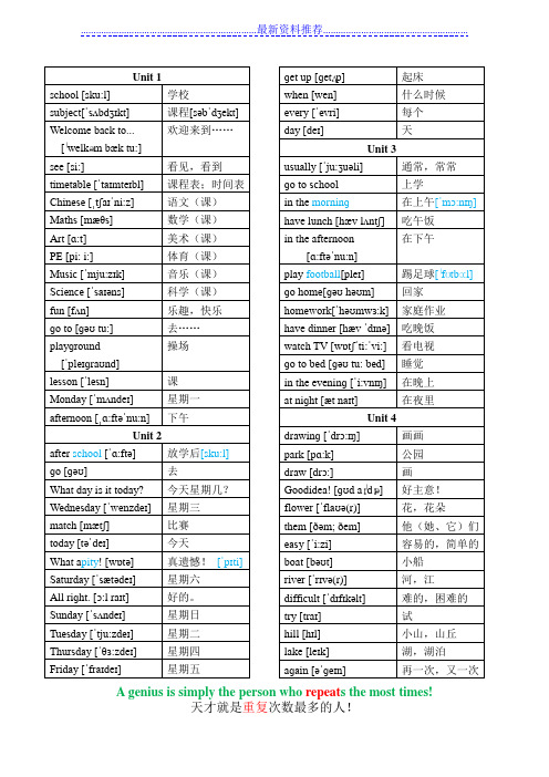 译林版小学英语四年级下册单词表(带音标)