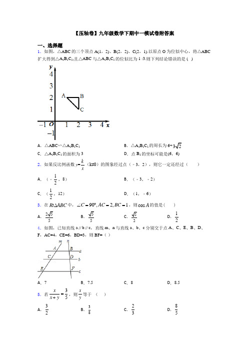 【压轴卷】九年级数学下期中一模试卷附答案