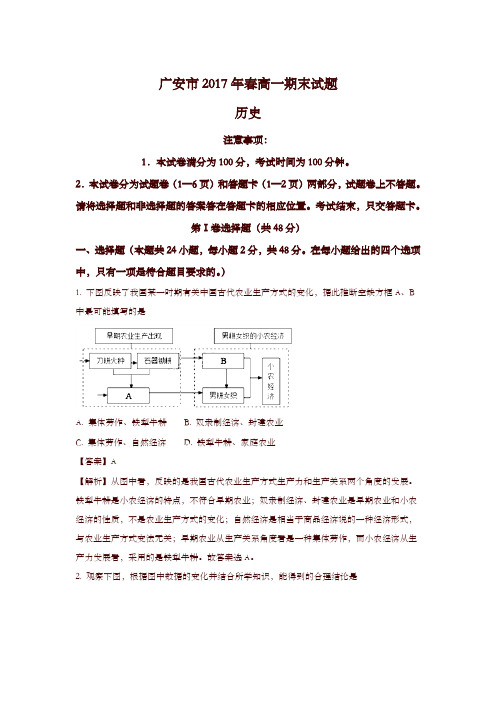 四川省广安市2016-2017学年高一下学期期末考试历史试题-含解析