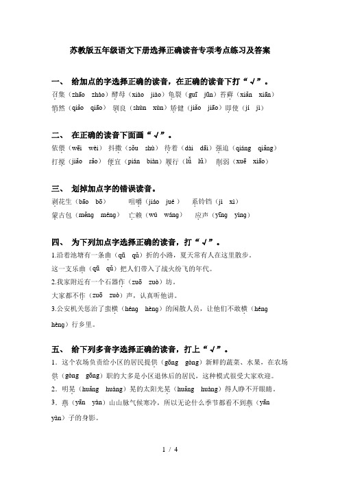苏教版五年级语文下册选择正确读音专项考点练习及答案