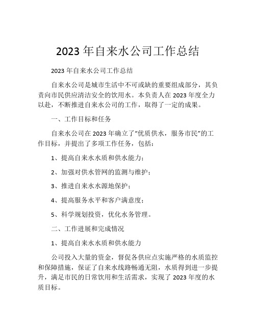 2023年自来水公司工作总结