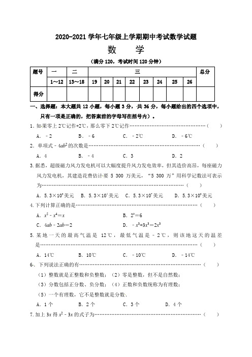 2020-2021学年七年级上学期期中考试数学试题 (1)