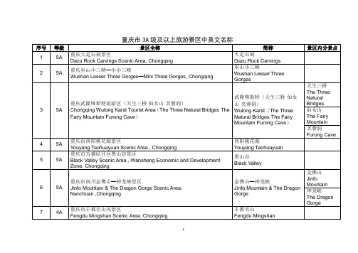 重庆市3A级及以上旅游景区中英文名称