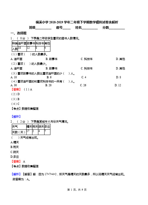 福溪小学2018-2019学年二年级下学期数学模拟试卷含解析