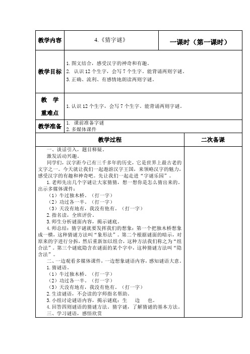 部编版小学语文(一年级下册语文)猜字谜+口语交际+语文园地一+快乐读书吧教学设计.docx