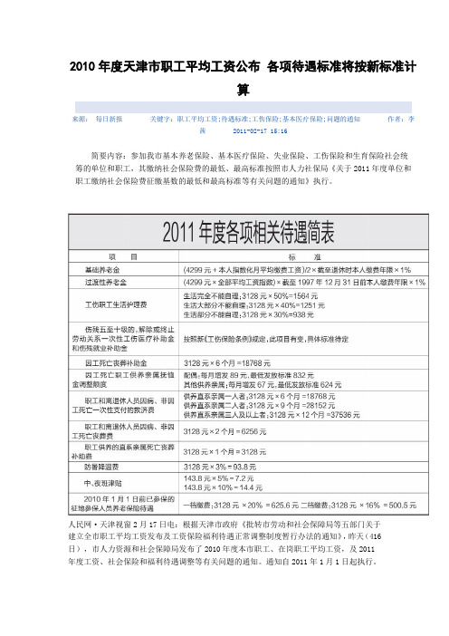 2010年度天津市职工平均工资公布 各项待遇标准将按新标准计算