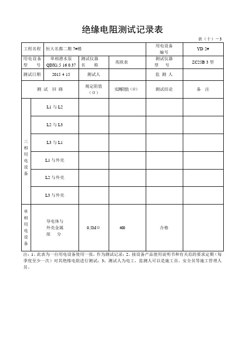 绝缘电阻测试记录表