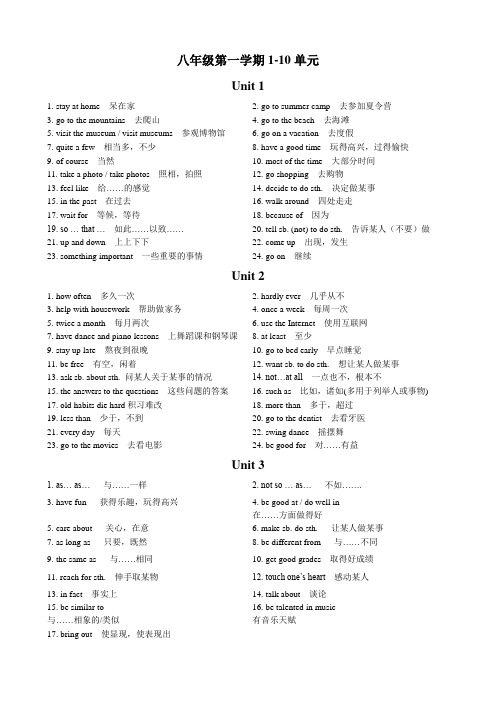 八年级上册1-10单元短语