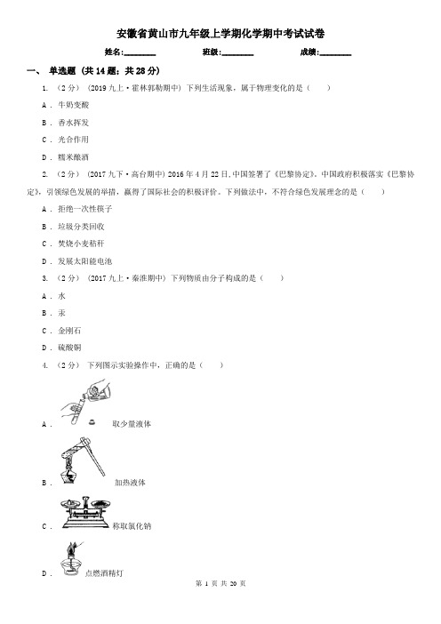 安徽省黄山市九年级上学期化学期中考试试卷