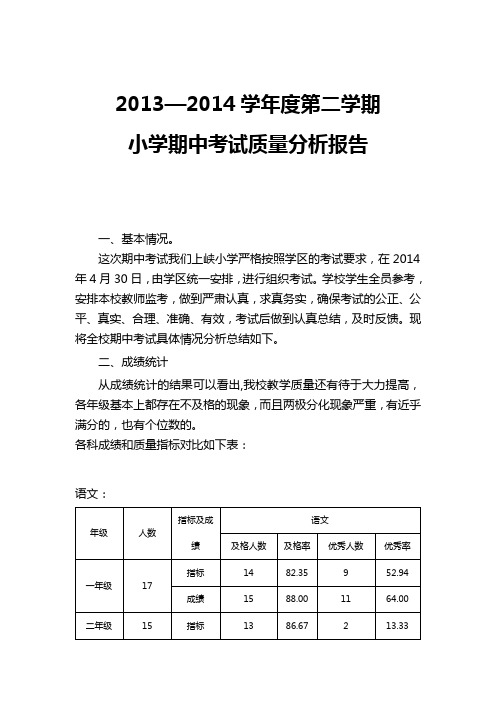 上峡小学期中考试质量分析报告