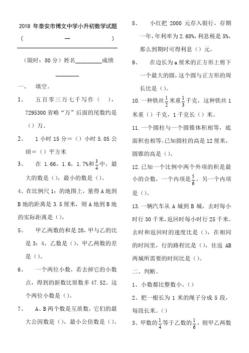 2018年泰安市博文中学小升初数学模拟习题及答案(5套)