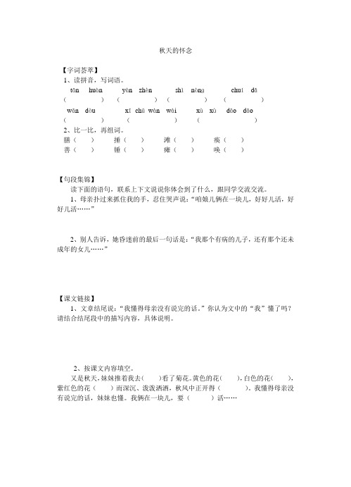 六年级上册语文同步练习-课文12 秋天的怀念｜语文S版(含答案)