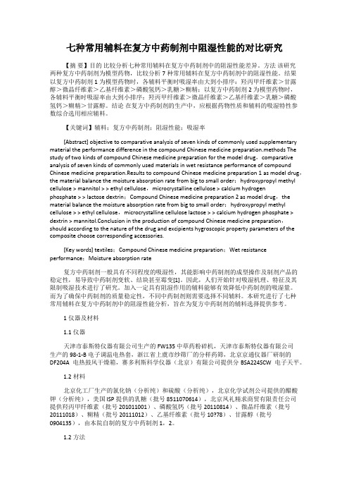 七种常用辅料在复方中药制剂中阻湿性能的对比研究