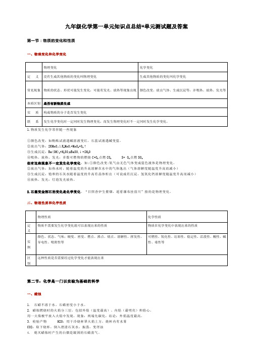 九年级化学第一单元知识点总结+单元测试题及答案