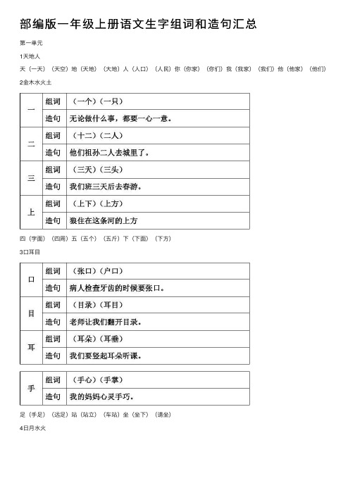 部编版一年级上册语文生字组词和造句汇总